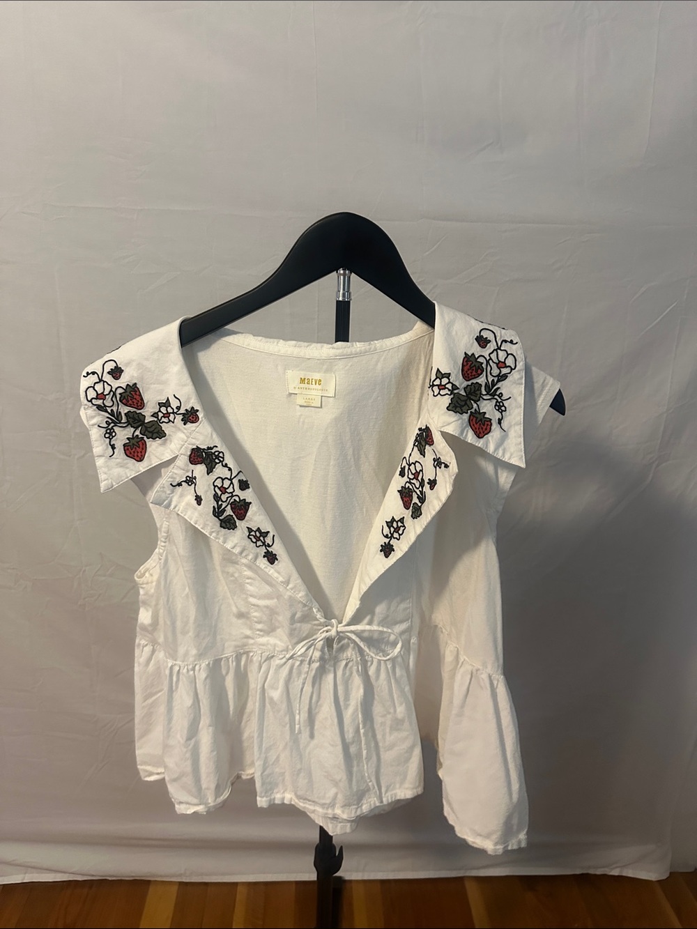 Maeve White Sleeveless Tie-Front Top with Red & Green Embroidery
